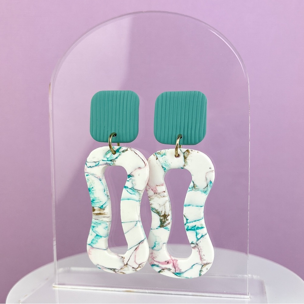 Marbled Pattern with Green Line Texture Dangle Earrings Polymer Clay Handmade